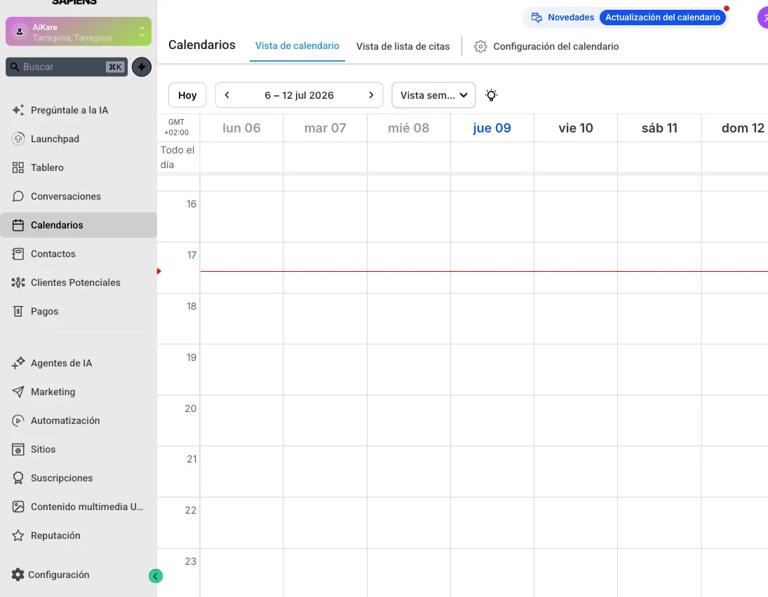 Sistema de reserva de citas de GoHighLevel mostrando la vista de calendario con huecos de disponibilidad