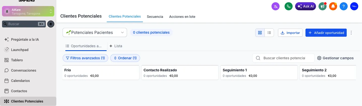 Tablero de oportunidades de GoHighLevel con las etapas del pipeline: Frío, Contacto Realizado y seguimientos