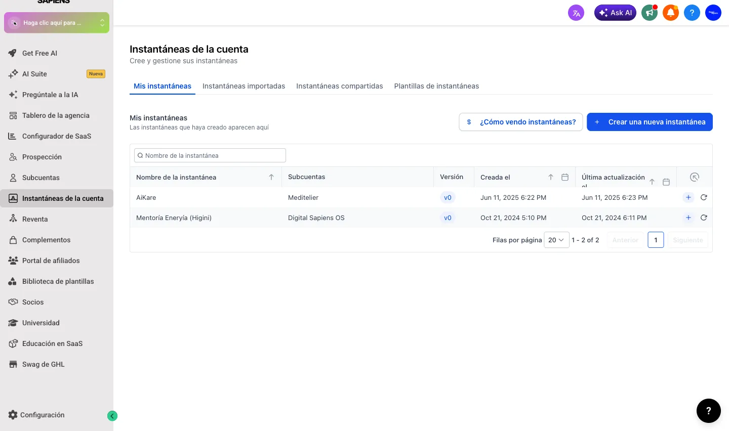 Pantalla de instantáneas (snapshots) de GoHighLevel con las plantillas de cuenta disponibles para reutilizar
