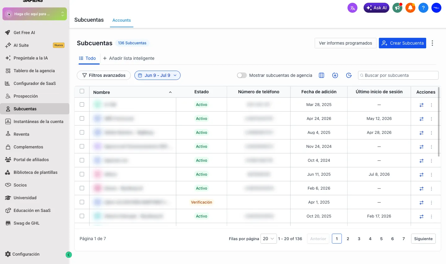Listado de subcuentas de cliente en GoHighLevel, con estado y fecha de cada cuenta; los datos de los clientes aparecen difuminados