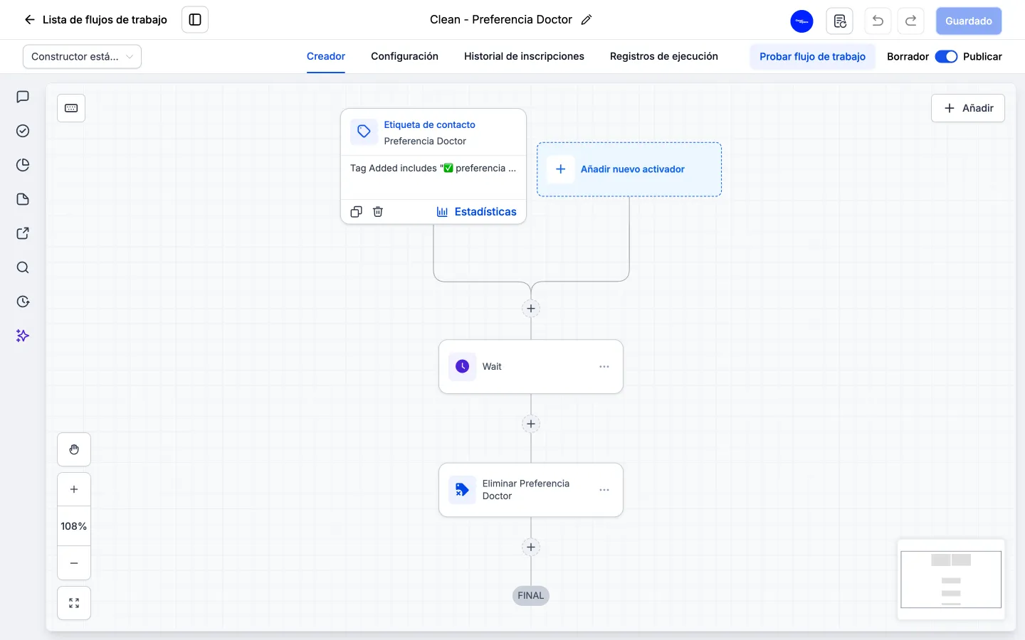 Constructor visual de workflows de GoHighLevel con un disparador de etiqueta, un paso de espera y una acción encadenados en el lienzo